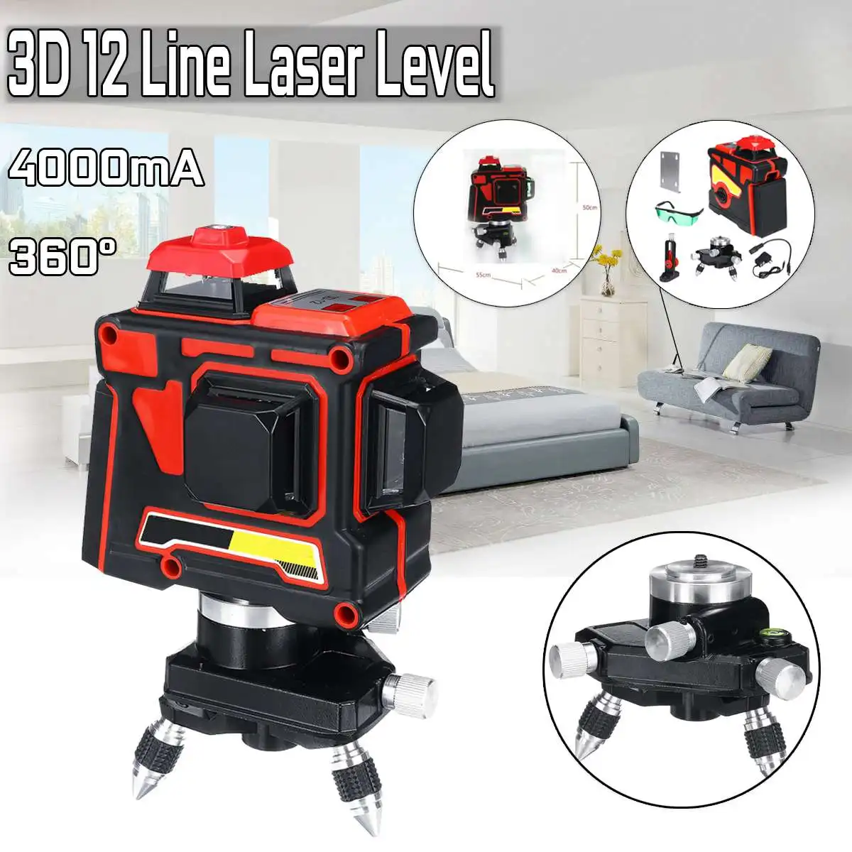 

100-240V 3D 12 Line Green Light Laser Level Self Leveling 360 Rotary Measure Cross With Tripod Base 360 Rotating Green