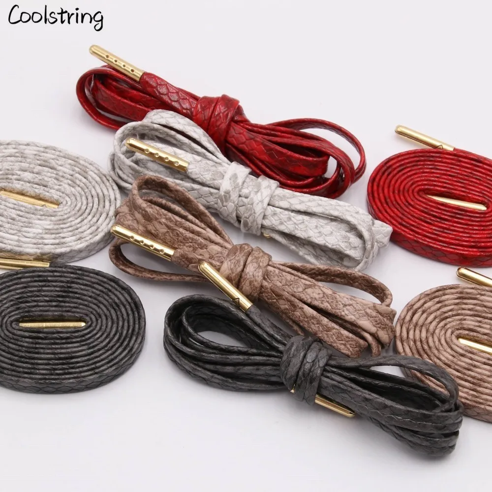 Coolstring Flat Snakeskin Shoe Laces White Red Grey Brown Luxury Leather LE ShoeLaces With Gold Metal Aglets For Sneakers Sports