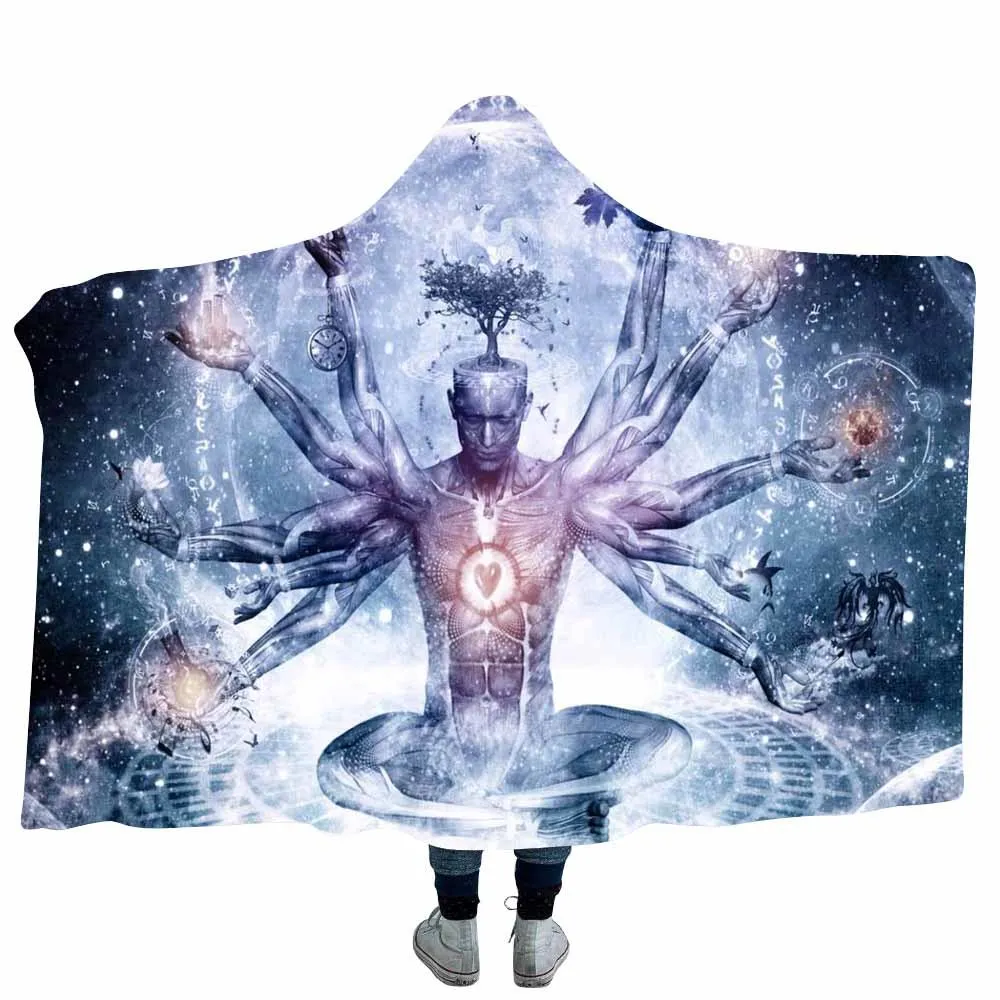 

3D Winter Double Thicken 3d Printed Psychedelic Hooded Blanket For Adults Mandala Coral Fleece Throw Blanket On Sofa Beds