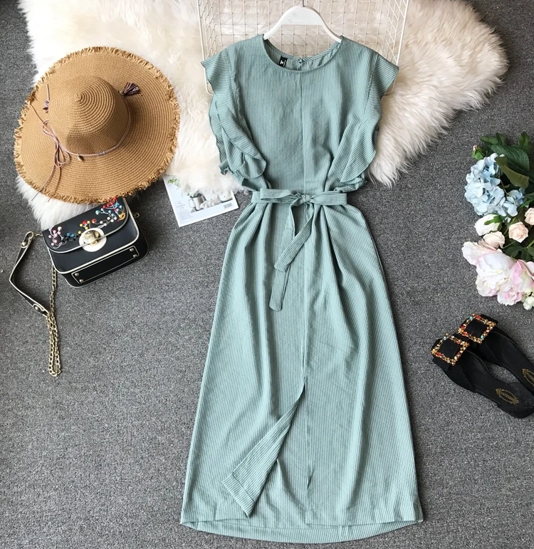 

2019 Summer Women Elegant Slim Midi Dress Ruffles Sleeveless Split Dress Korean Fashion Casual Dress