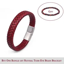

Luxury Men Bracelets Leather Stainless Steel Bangles Braid Woven Retro Red Color Magnet Mens Bracelets Fashion Jewelry Gift