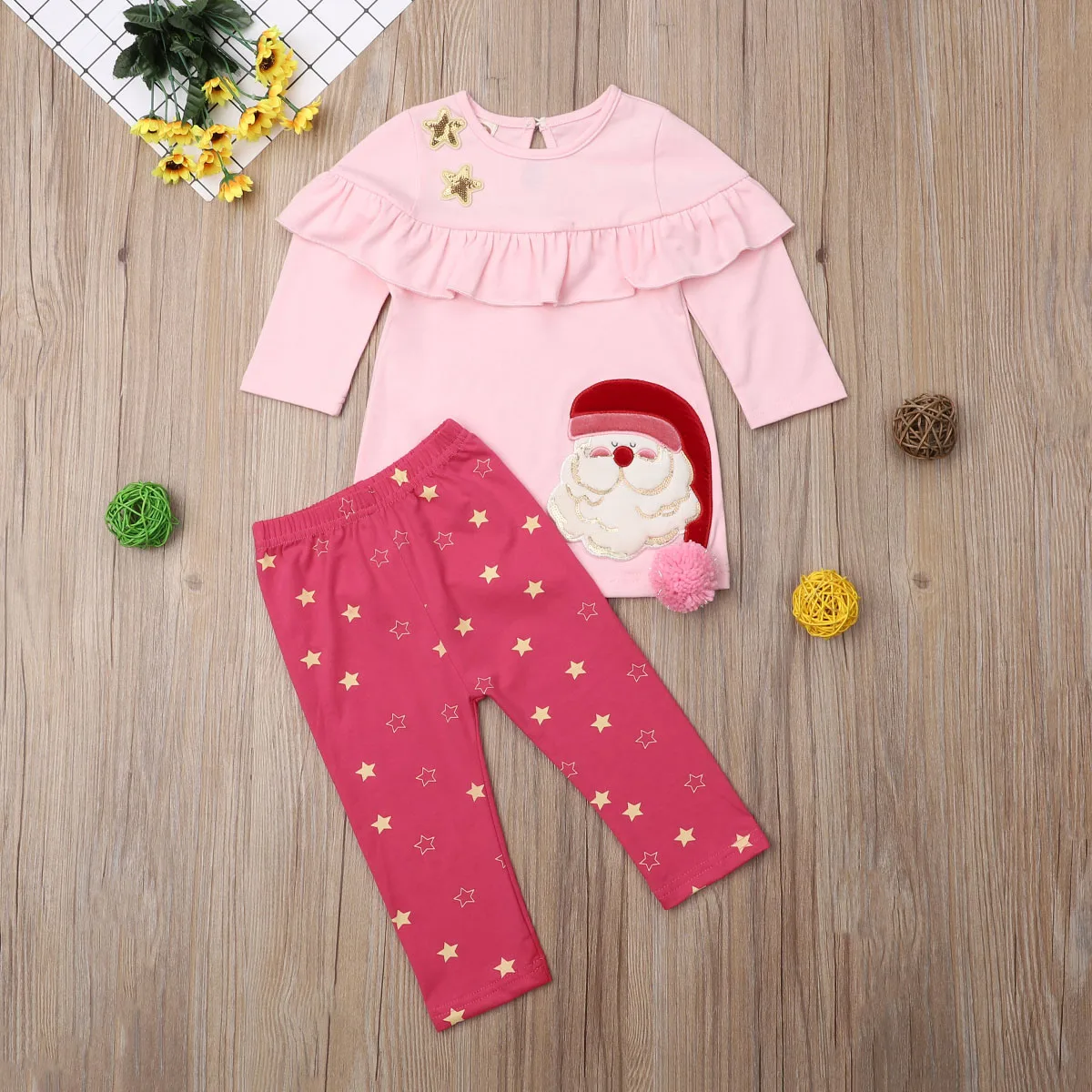 

2pcs Kids Baby Girls Ruffle Tops Santa Claus T shirt Long Sleeve Dress Star Print Pants Outfits Set XMAS Clothes