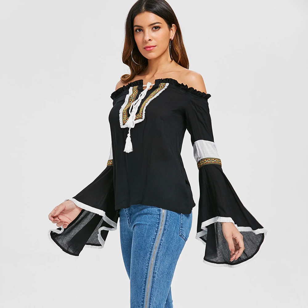 Sovalro Off Shoulder Flare Sleeve Embroidered Blouse Women Long Sleeve ...