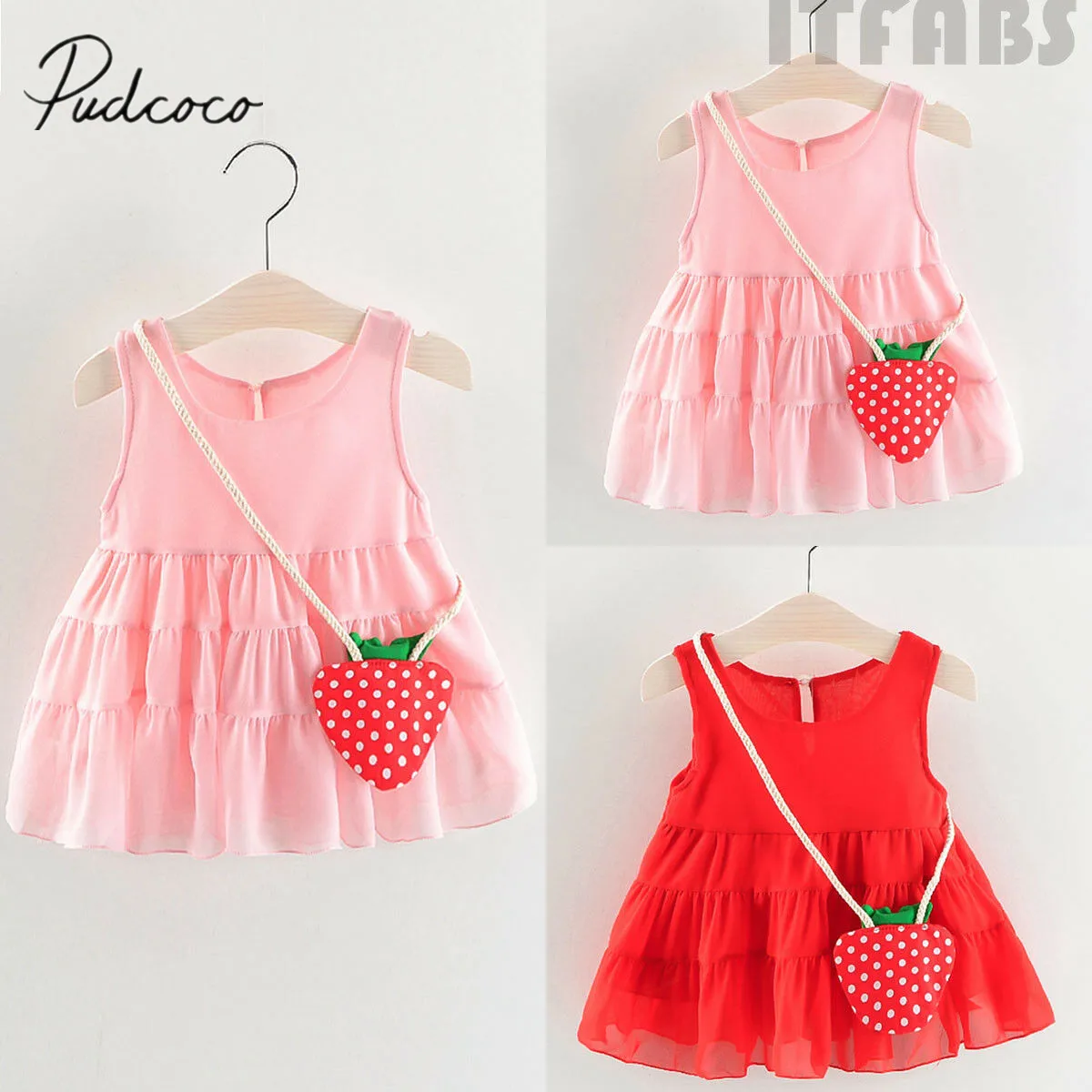 

2019 Brand New Newborn Toddler Baby Girls Summer Princess Dress + Strawberry Bag Party Wedding Sleeveless A-line Layered Dresses
