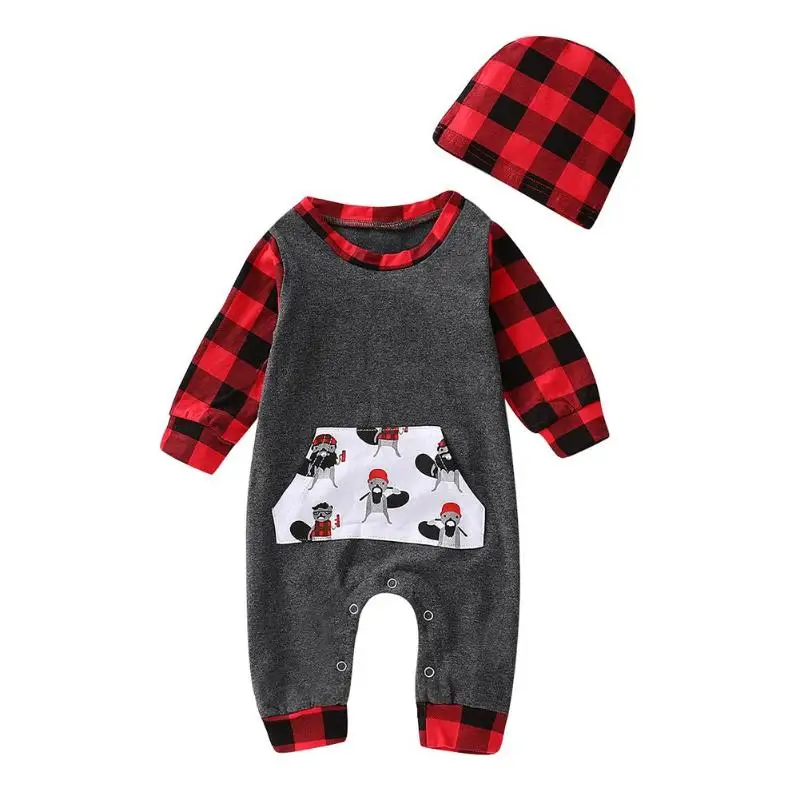 

2pcs/set Cute Baby Boy Girl Cartoon Dog Plaid Print Romper Cap Kids Clothes