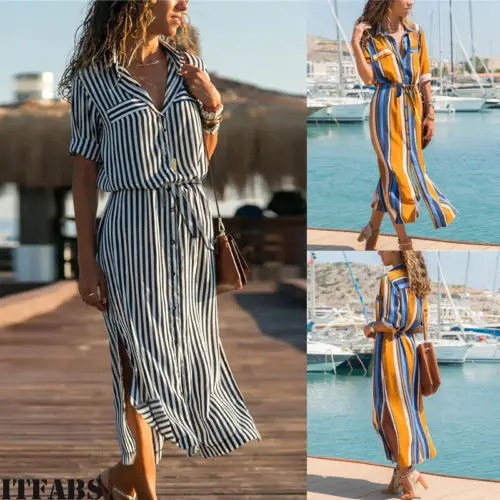 

HIRIGIN Spring Women's Boho Casual Long Maxi Evening Party Beach Dress Sundress Office Lady Blouse