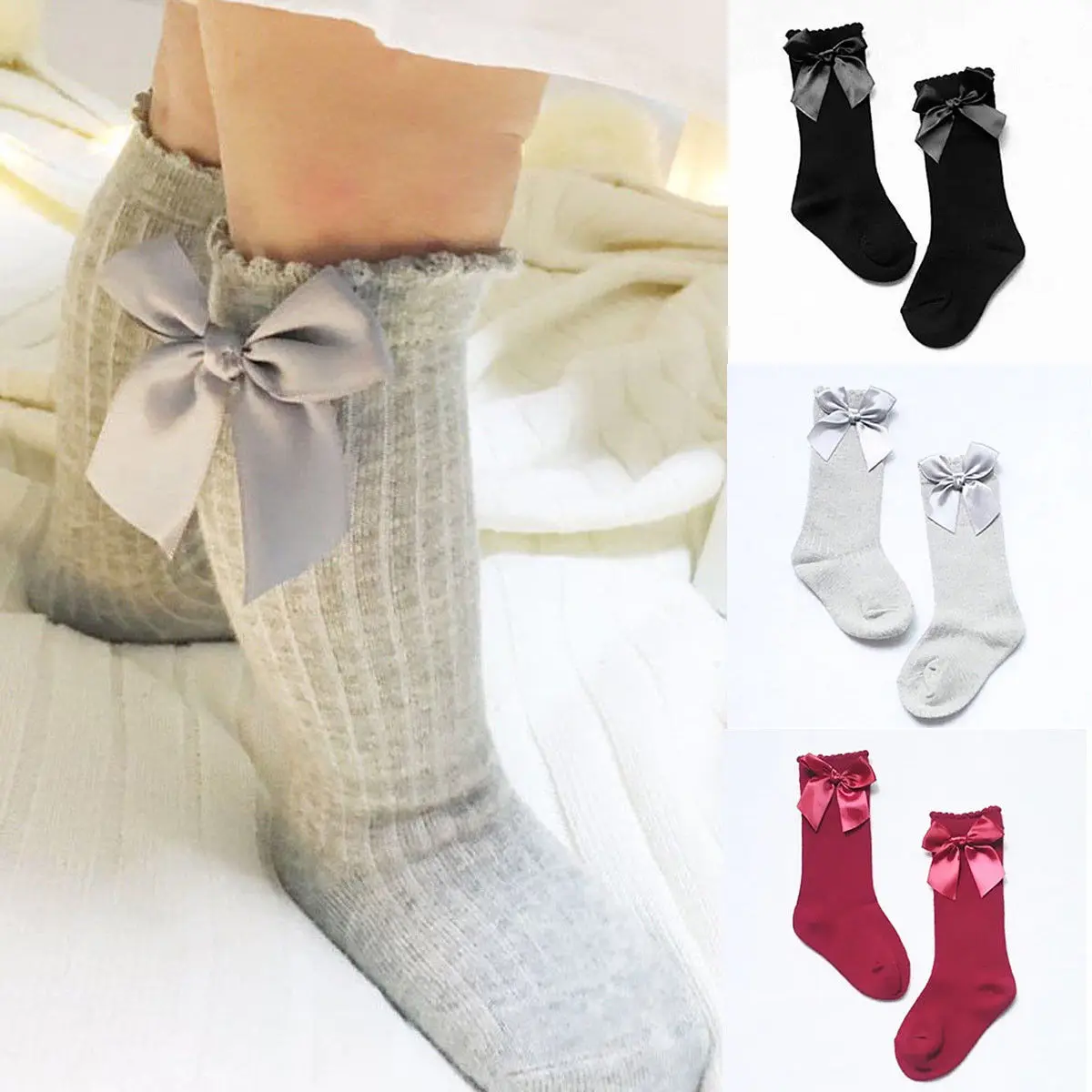 

Solid Bowknot Decor Kids Socks For Girls