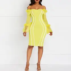 Лето 2019 пикантные вечерние облегающее платье для женщин в полоску модные перо сетки с длинным рукавом Тонкий желтый элегантный вечерн