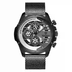 BAGARI Мужской стальной ремень три-Eye шесть-Pin Multi-function Calendar waterproof Quartz business Watch, черный серый