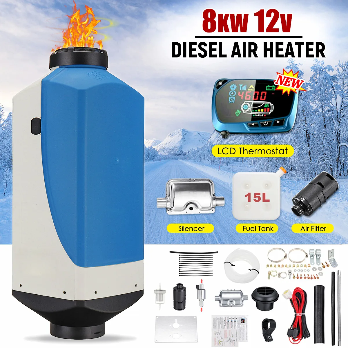 

12V 8000W LCD Dynamic Thermostat Car Parking Diesel Air Heater Kit Remote Control with Muffler 15L Tank Diesel Heater