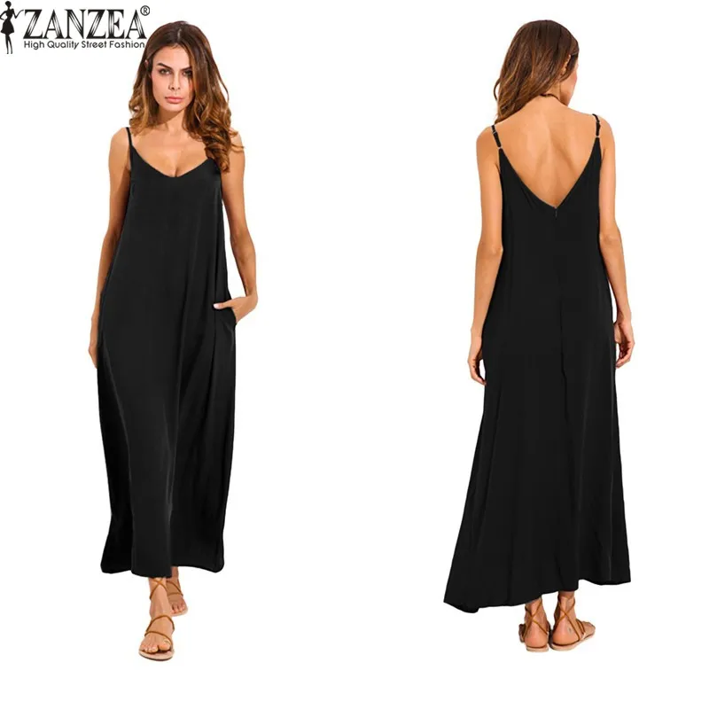 

Summer Dress 2019 ZANZEA Women Sundress Spaghetti Strap Maxi Dresses Female Beach Robe Sexy V-neck Party Vestidos Plus Size