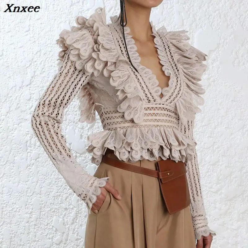 

Xnxee 2019 Autumn Hollow Out V Neck Ruffles Spliced Tops Women Shirt New Xnxee