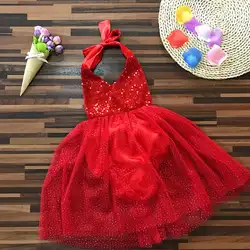 Платье с высокой горловиной в стиле пэчворк Холтер спинки Повседневное блестки талия без рукавов для девочек красный летние черные детские