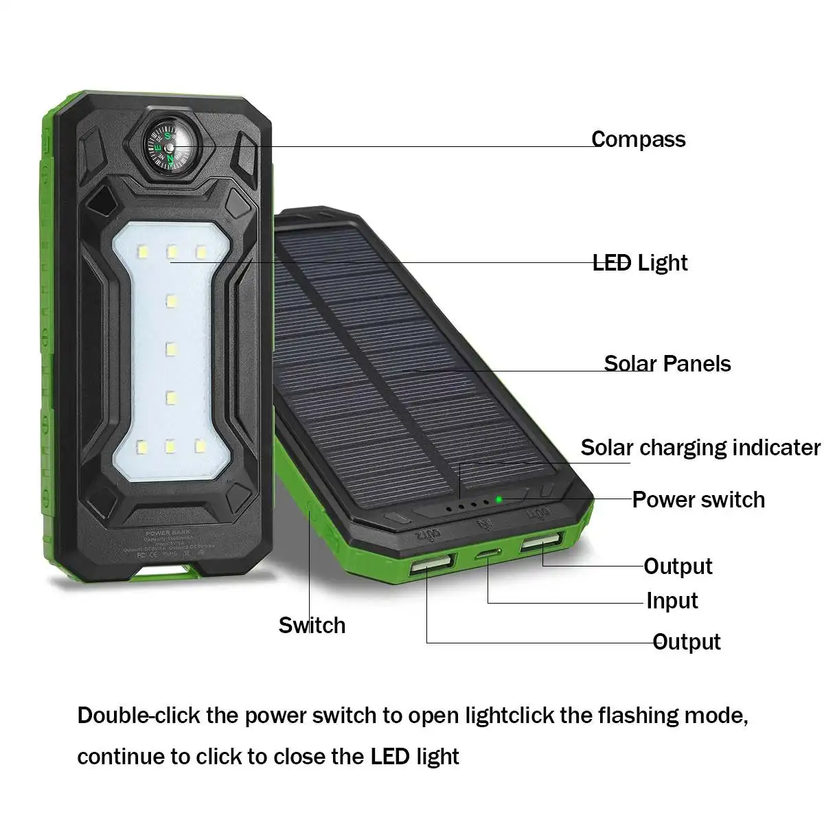 12000mAh Solar Power Bank Portable External Battery Solar Powerbank Charger 2 USB Ports LED lights SOS mode compass for Phone 12000mAh Solar Power Bank Portable External Battery Solar Powerbank Charger 2 USB Ports LED lights SOS mode compass for Phone