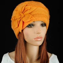 M608 милый цветок зима теплый желтый мех кролика и шерсть модные женские платье шляпа бини кепки выбрать цвет