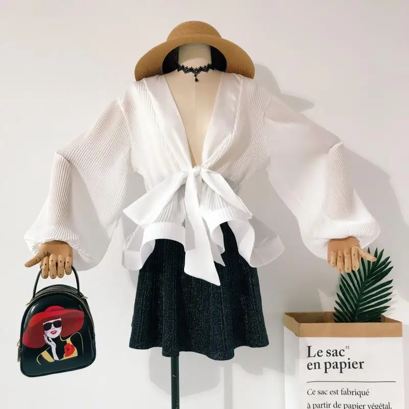 

White Fairy Bandage Chiffon Blouse Women Korean Lantern Sleeve Waist Slim Bow High Street Ruffle Shirt
