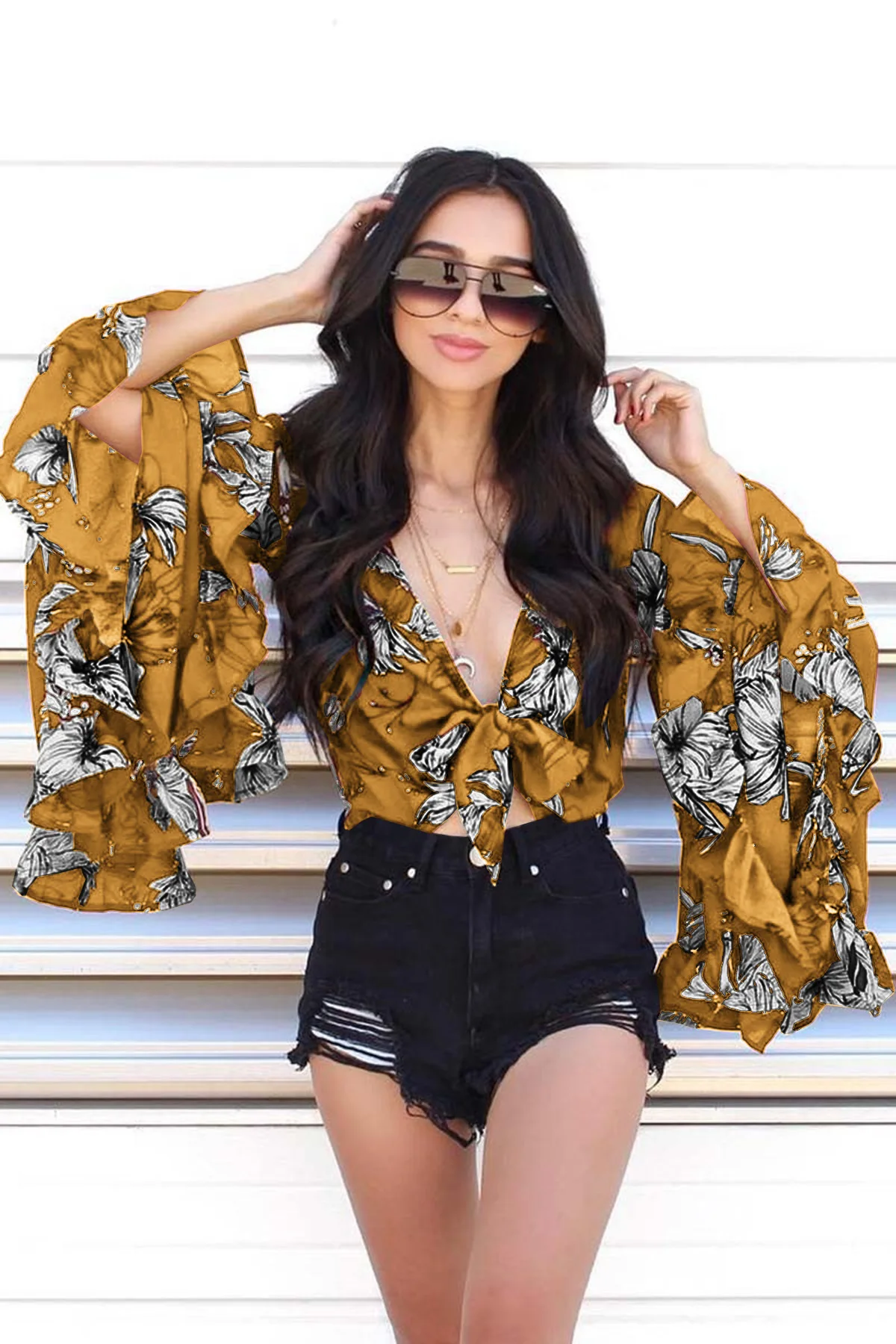 

2019 new explosions trumpet sleeves ruffled irregular umbilical top free shipping
