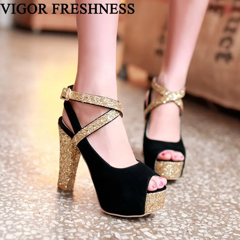 

VIGOR FRESHNESS Women Shoes Summer Sandals Bling Dress Shoes 12CM Heels Lady Platform Sandals Peep Toes Wedding Shoes MY209
