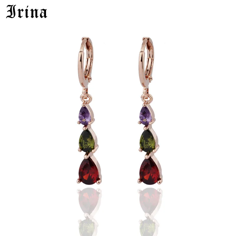 Irina 585 Модные Простые три цвета капли воды AAA кубический циркон Роза серьги для