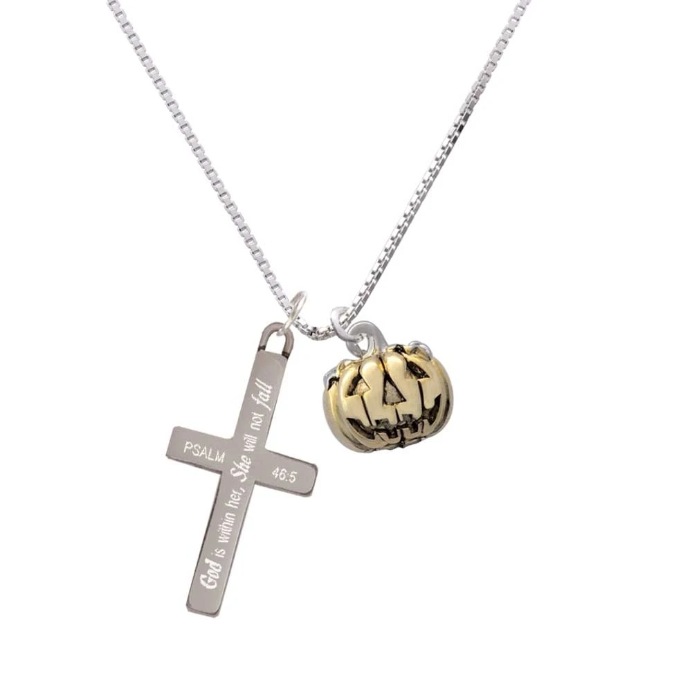 3-d Large Gold-colored Tone Jack O' Lantern With Leaves - She Will Not Fall Cross Necklace | Украшения и аксессуары