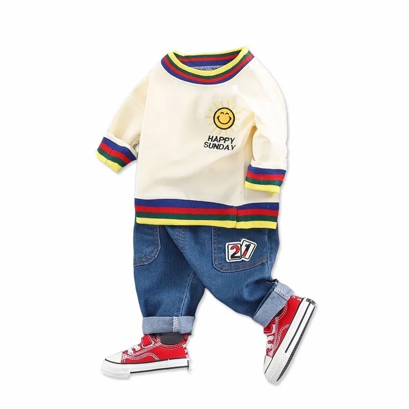 Коллекция 2019 года, весенне-осенние комплекты одежды для маленьких мальчиков и девочек, одежда для малышей, футболка со смайликом, джинсы