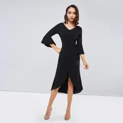 Черные сексуальные платья Для женщин Асимметричная Разделение подол с расклешенными рукавами кнопка Осень элегантная женская
