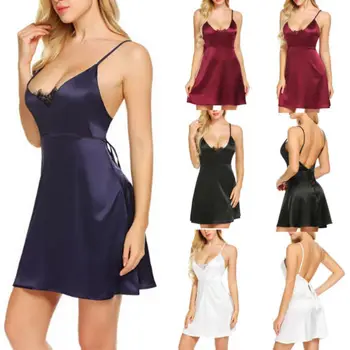 

Sexy Womens Nightwear Satin Chemise Nightie Nightdress Sleepwear Slip Dress 6-16