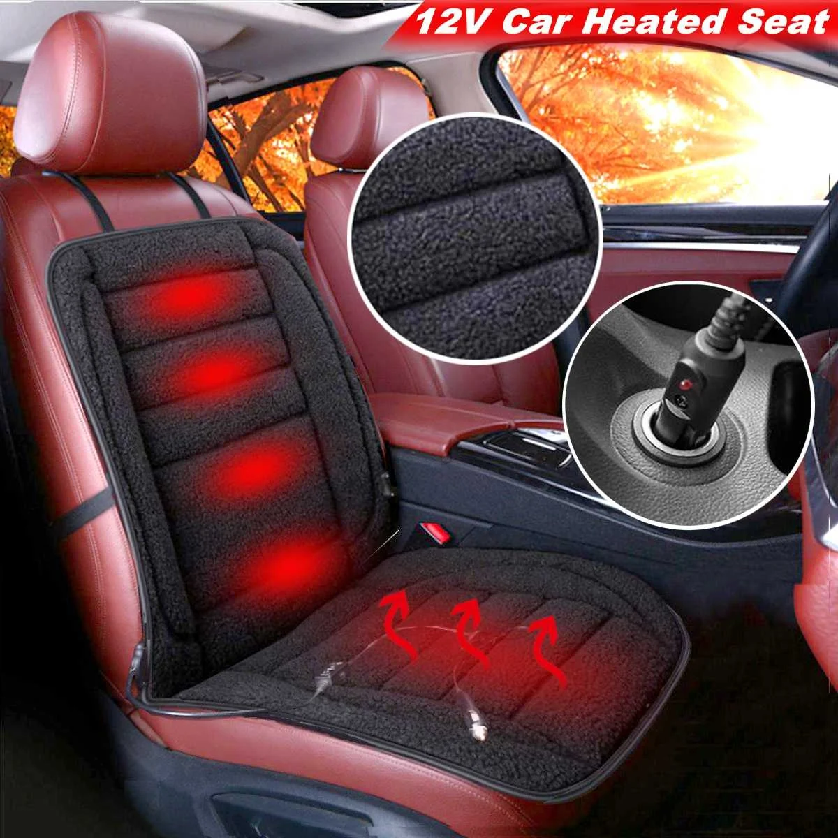 

2Pcs Universal 12V Powered Electric Heated Heating Car Front Seat Cover Padded Thermal Cushion Winter Warming