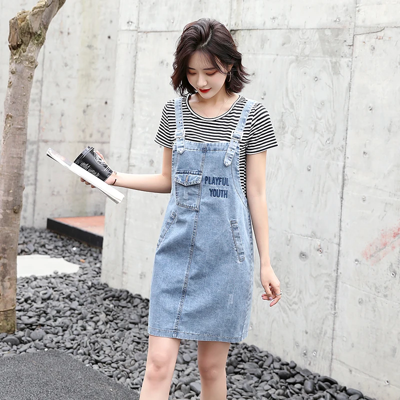 

2019 New Summer Women dress Cowboy Straps Tide Dresses White Stripe 9145