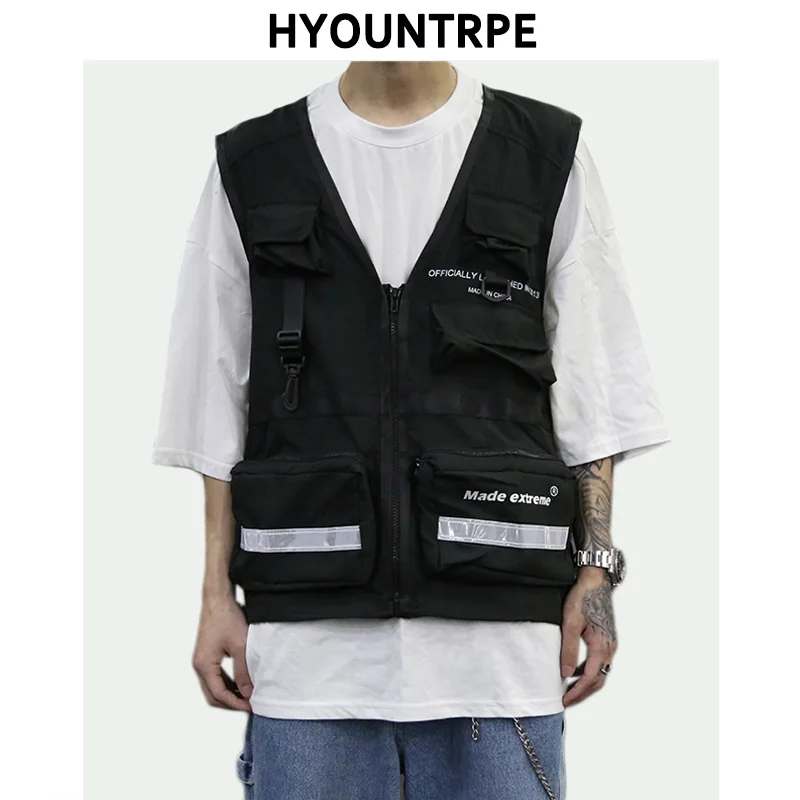 

Fashion Hip Hop Sleeveless Vest Reflective Strip Cargo Waistcoat with Pocket Military Jacket Streetwear Tactical Vest Sweatshirt