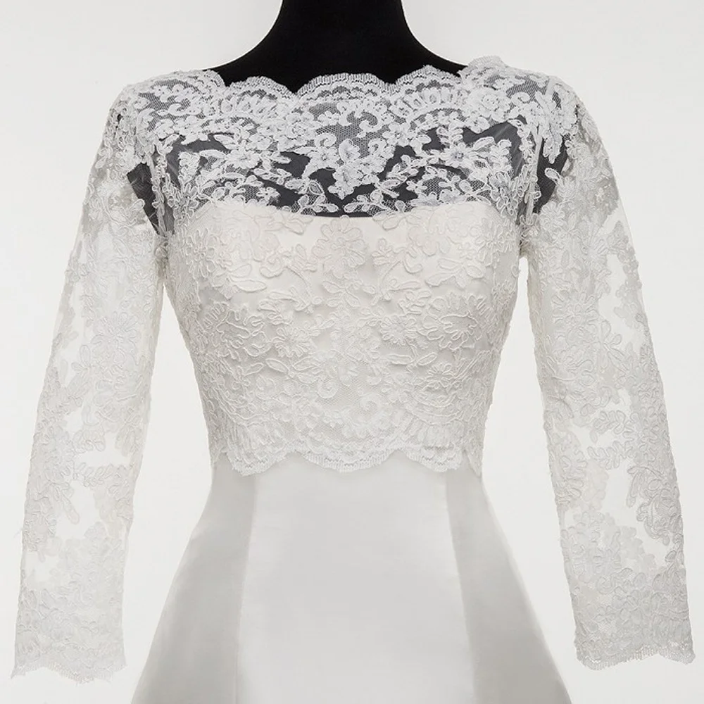 

New Arrival Long 3/4 Sleeve Bridal Lace Bolero Jacket Elegant Wedding Jackets Cheap Tulle with Lace Appliques Free Shipping