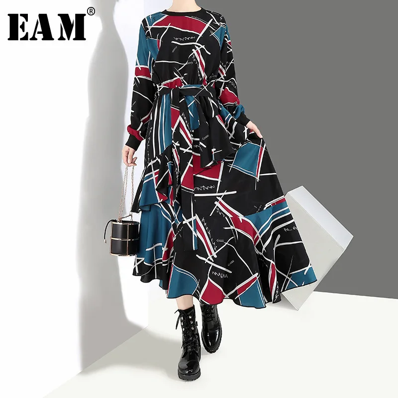 

[EAM] 2019 New Spring Summer Round Neck Long Sleeve Black Pattern Printed Loose Irregular Hem Long Dress Women Fashion JI043