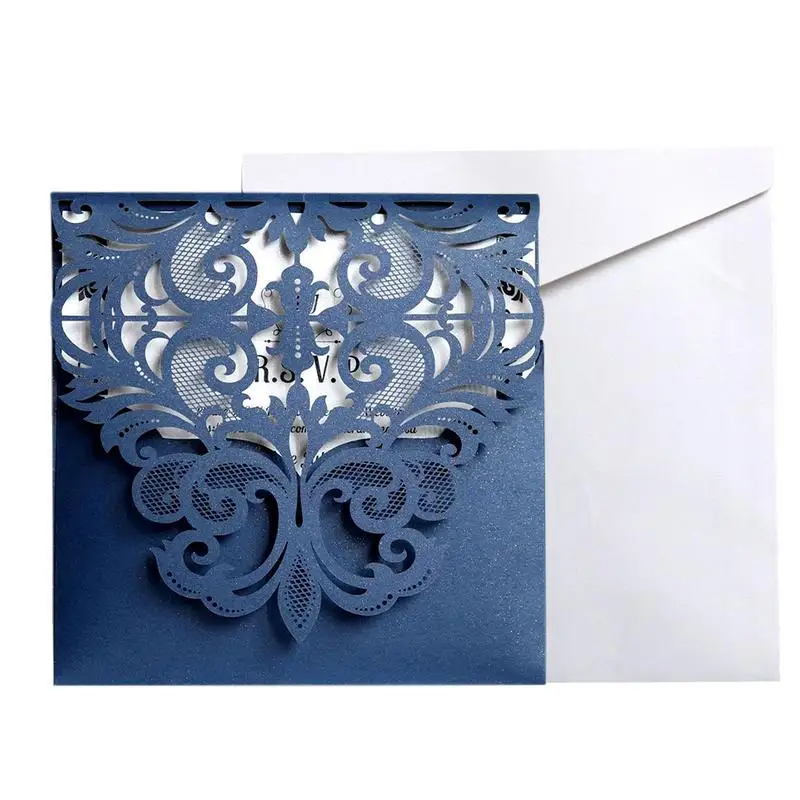  10pcs/set European Style Lace Wedding Invitations Cards Blue Color Laser Greeting Card Wedding Enga - 33003566246