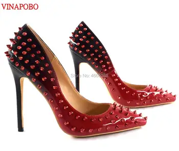 

Vinapobo Luxurious RED Black Gradient Color Patent Leather Rivets High Heel Shoes Pointed Toe Spike Wedding Shoes Stiletto Heels