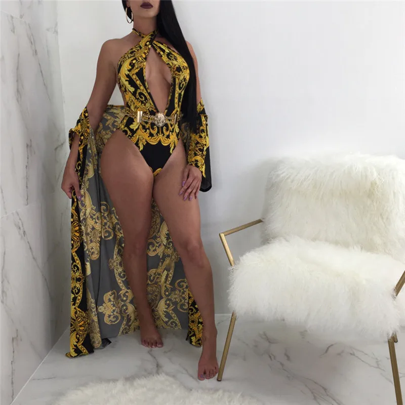 

Womens One Piece Bikini V-neck Monokini + Cover up Smock Swimsuit Beachwear
