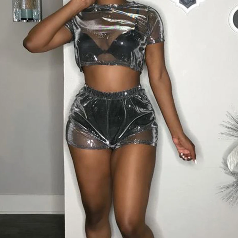 

Best Two Piece Short Set For Women Outfits Summer Biker Shorts Sweat Suits Women Reflective Two Piece Set Mesh Festival Clothing