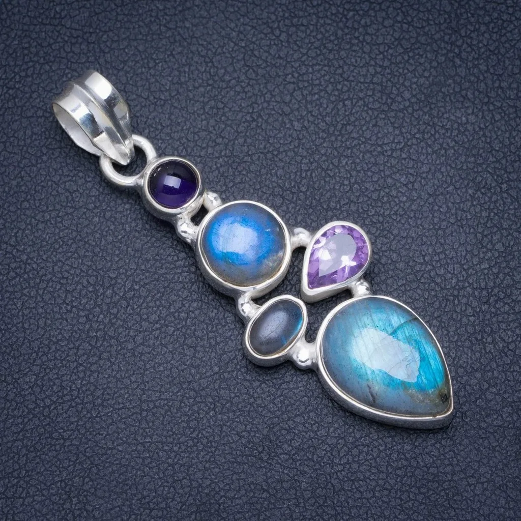 

Natural Blue Fire Labradorit and Amethyst Handmade Unique 925 Sterling Silver Pendant 2" A0085