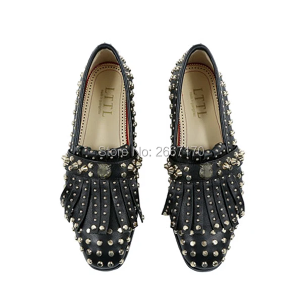 Celebrity Luxury 2019 Spring Summer Party Shoes Male Gold Stone Studded Black Leather Loafers Tasseled Fringe Rivet Men |