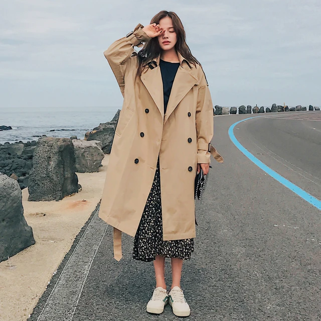 Fashion Brand New Women Trench Coat Long Double Breasted Belt Blue Khaki Lady Clothes Autumn Spring Fashion Brand New Women Trench Coat Long Double-Breasted Belt Blue Khaki Lady Clothes Autumn Spring Outerwear Oversize Quality