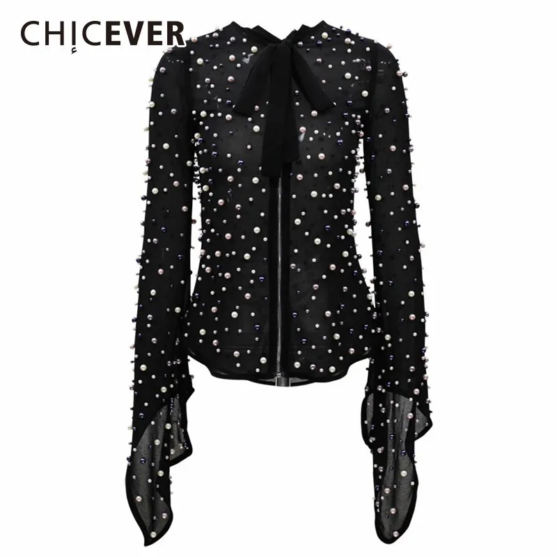 

CHICEVER Pearls Beading Blouses Women's Shirts Tops Female Bow Collar Long Sleeve Perspective White Blouse Elegant Clothes New