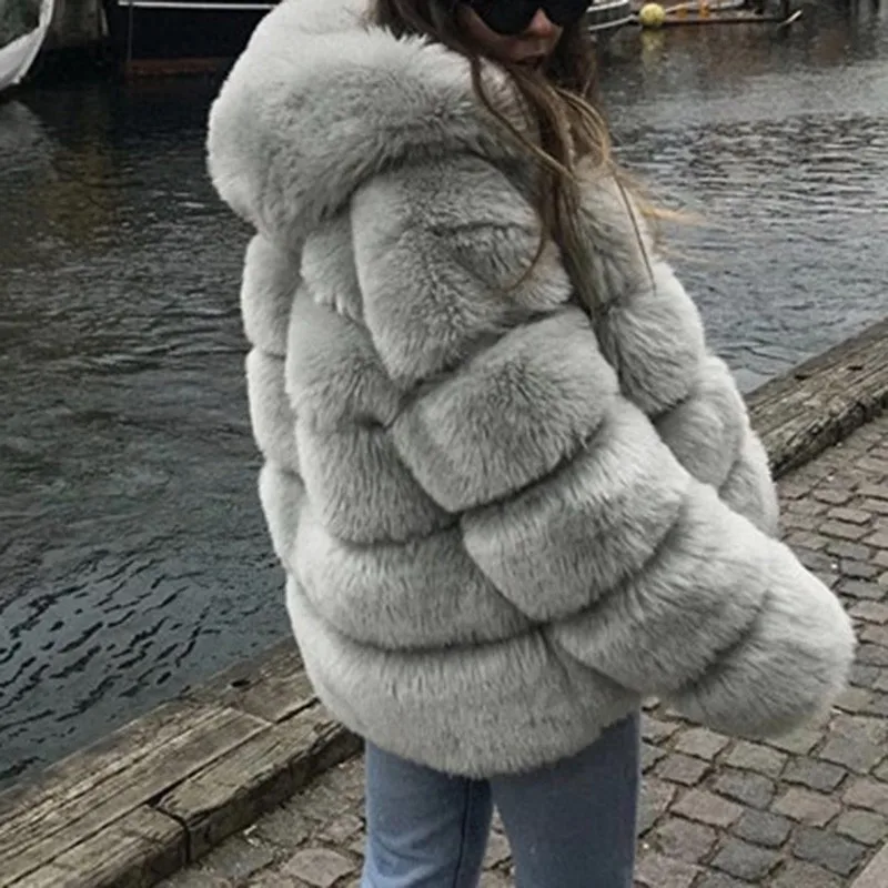 JRNNORV 2018 New Winter Coat Women Faux Fox Fur Coat Plus Size Women Stand Collar Long Sleeve Faux Fur Winter Outerwear BA0566