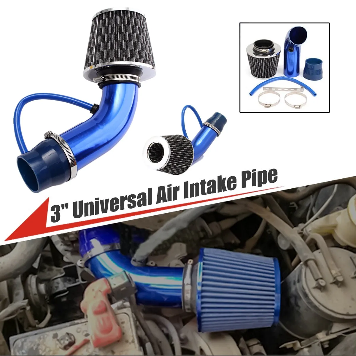 

3" Universal Short Ram Racing High Flow Air Intake Kit Pipe Filter Clamp Aluminum Silicon Intake Tube Set Air Filter Piping