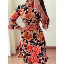 Hirigin женское осеннее цветочное/платье в горошек с коротким рукавом с рукавом средней длины с оборками до колена вечерние для вечеринки Клубное Повседневное платье