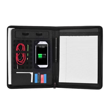 

Portable Multi-functional A4 Business Portfolio Padfolio PU Leather Zippered Closure Built-in Powerbank Christmas Gift