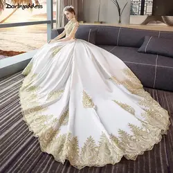Роскошные золотые кружева свадебные платья Дубай 2019 бальное платье с высокой горловиной атласное свадебное платье с длинным шлейфом
