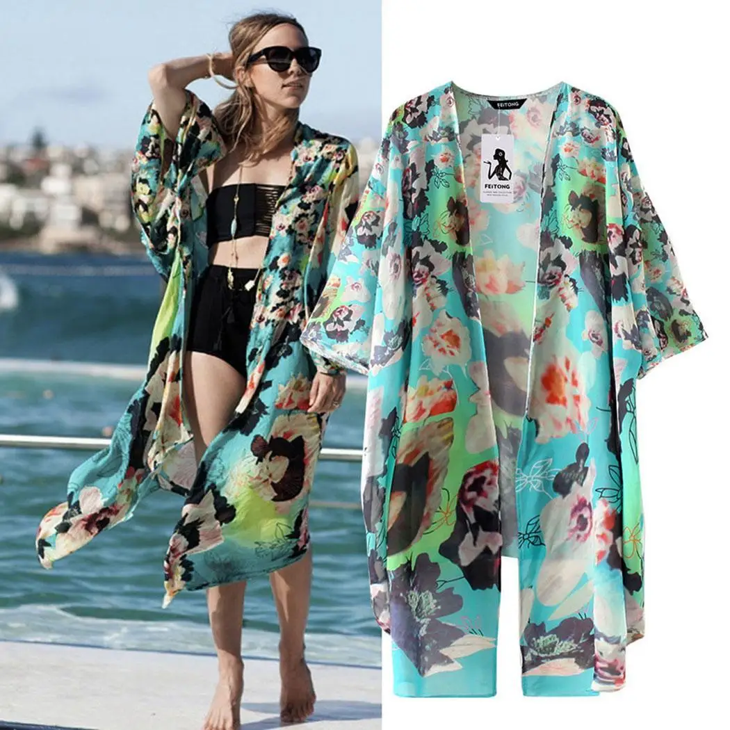 Camisunny Women's Chiffon Printed Kimono Cardigan - Light Green, Medium, Beach Cover Up & Casual Top - View #12