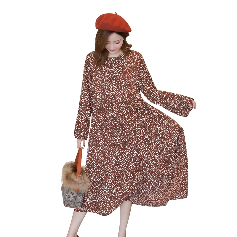 

2019 spring and autumn beautiful floral pregnant women dress long loose flare sleeve polka dot maternity mid-calf chiffon dress