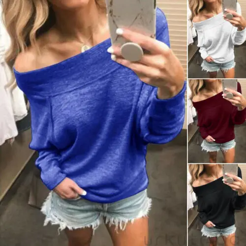  Womens Hoodies Fashion Long Sleeve Solid Color Off The Shoulder Loose Tops Sweatshirt Ladies Jumper
