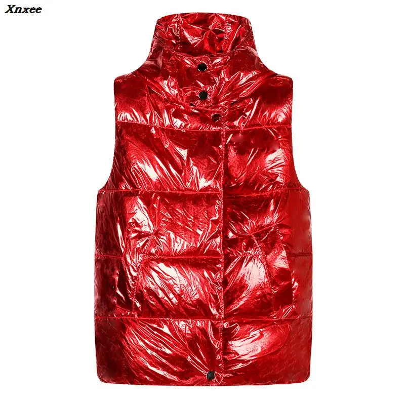 2023 autumn women vest shiny fabric sleeveless jacket zipper thick warm padded vest coat winter casual female pockets waistcoat New women vest Winter jacket Hooded Thicken Warm Casual Cotton Padded Waistcoat female Sleeveless waistcoat High Quality Xnxee