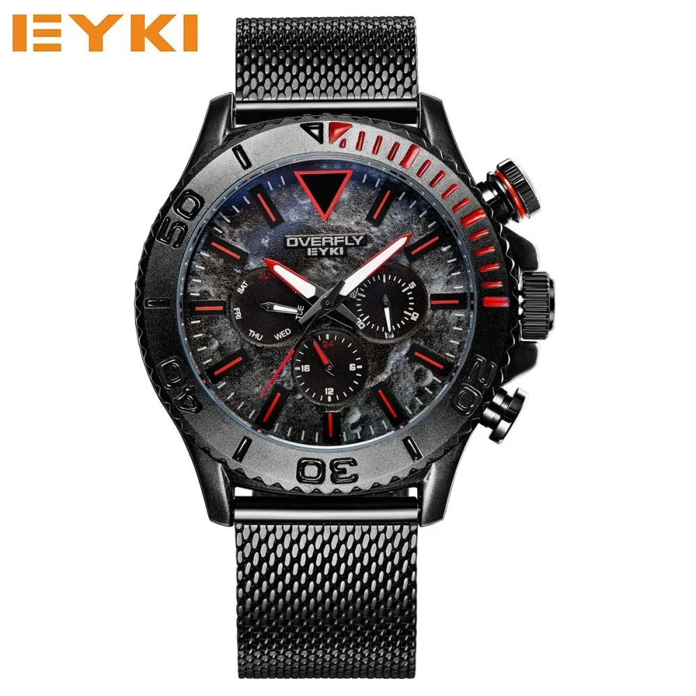 

EYKI Lunar Surface 3D Dial Fashion Sport Watch Men Steel Mesh Watch Strap Luminous Date Men Watches 2018 Luxury Brand With Box